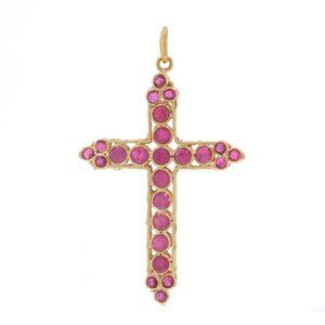 Yellow Gold Ruby Budded Cross Pendant 18k Round Faith